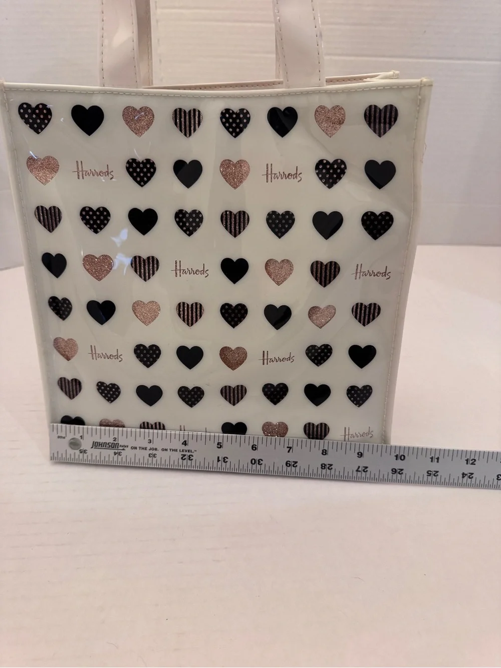 HARROD'S LONDON Signature Vinyl Coated Tote Bag Glitter Hearts Snap Closure
